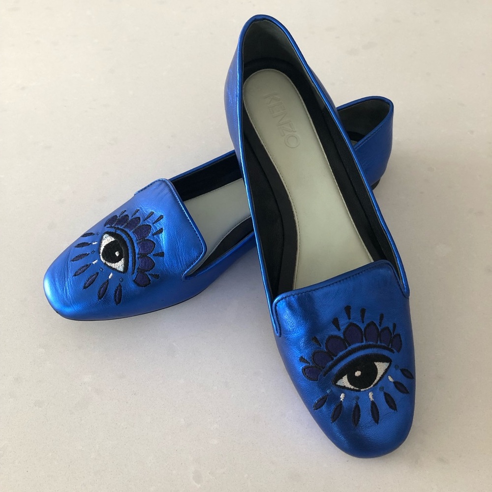 KENZO Embroidered Metallic Blue Flats Size 39